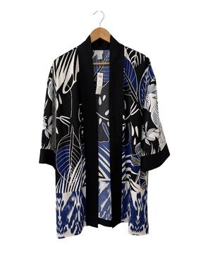 Chico's Black Kimono Jacket with Blue & White Leaf Motif